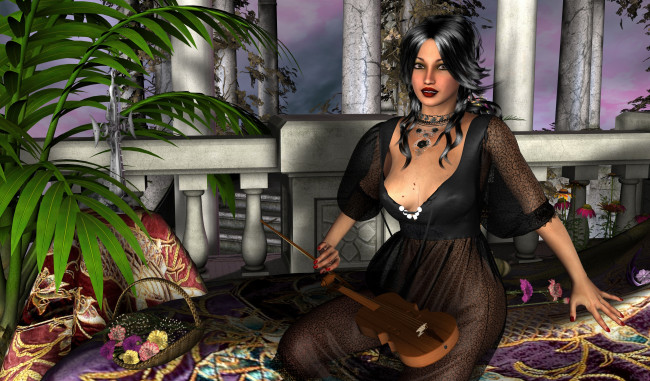Обои картинки фото 3д, графика, people, люди, цветы, девушка, скрипка
