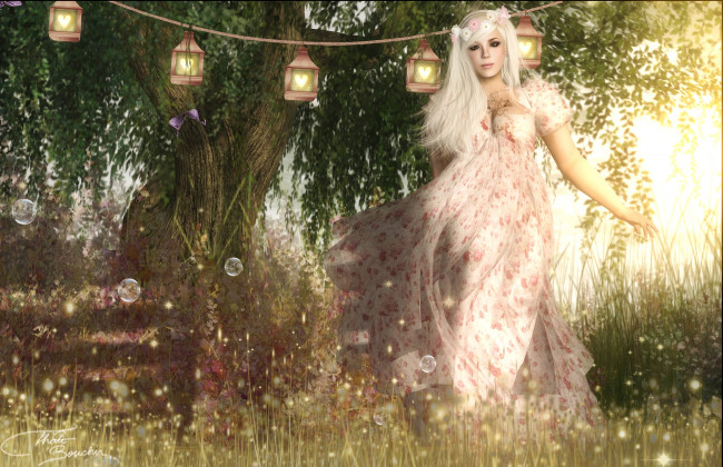 Обои картинки фото 3д, графика, people, люди, платье, венок, фонарики, девушка