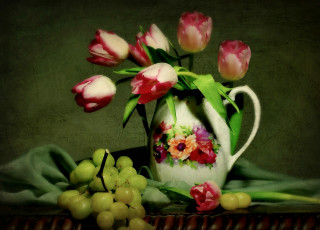 Картинка разное компьютерный+дизайн цветы тюльпаны натюрморт кувшин виноград