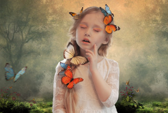 Картинка разное компьютерный+дизайн поляна лес девочка разноцветные бабочки цветы трава