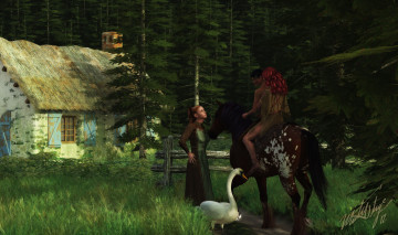 Картинка 3д+графика люди+ people лошадь фон взгляд девушки парень гусь