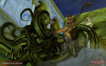 Картинка 3д+графика фантазия+ fantasy девушка взгляд фон оружие монстр