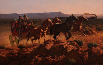 Картинка рисованное живопись паровоз поезд сумерки эры twilight of an era картина john leone соревнование карета вагоны небо горы лошади пейзаж