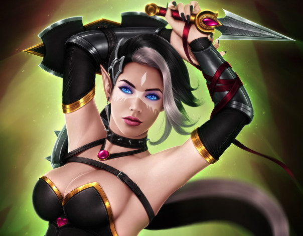 Обои картинки фото фэнтези, эльфы, девушка, арт, грудь, фантастика, эльф, кинжал, adalia