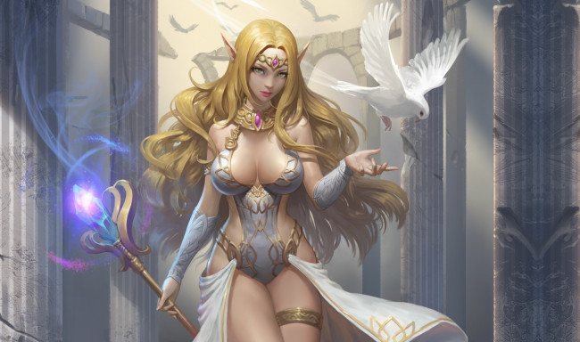 Обои картинки фото фэнтези, эльфы, healer, арт, fantasy, эльф, эльфийка, девушка, голубь, bumjin, kim