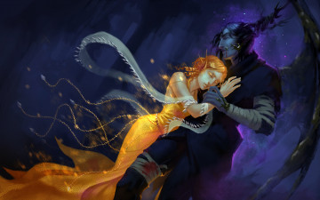 Картинка фэнтези существа девушка мужчина фон объятия