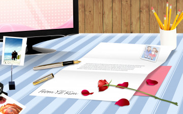 обоя векторная графика, монитор, фото, стол, ручка, письмо, карандаши, роза