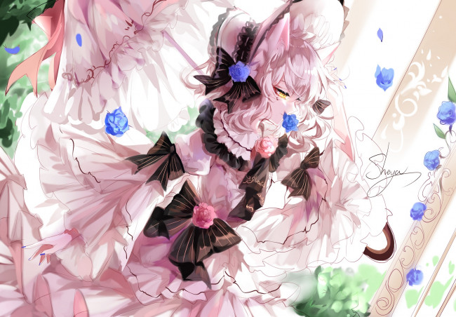 Обои картинки фото sheya, аниме, животные,  существа, девушка