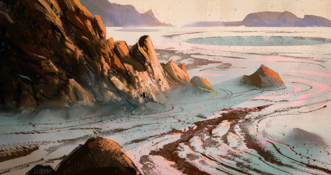 Обои картинки фото рисованное, природа, горы, снег, озеро, следы