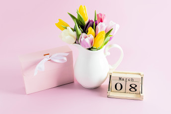 обоя праздничные, международный женский день - 8 марта, конверт, кувшин, тюльпаны, дата