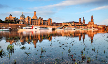 обоя города, дрезден , германия, здания, река, растения, корабли