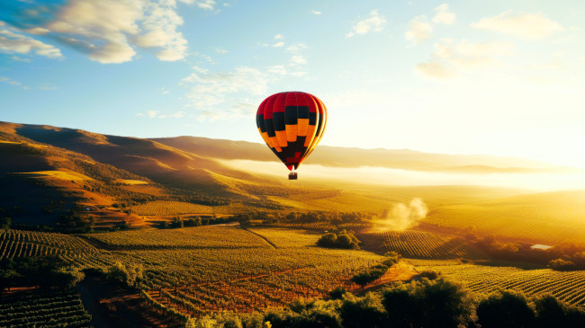 Обои картинки фото авиация, воздушные шары дирижабли, воздушный, шар, полет, небо, поля, озеро