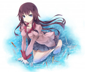 Картинка аниме bakemonogatari senjougahara hitagi девушка форма инструменты степлер ножницы карандаш ручка нож вода