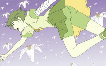 Картинка аниме bakemonogatari kanbaru+suruga девушка форма бинт шорты цветы