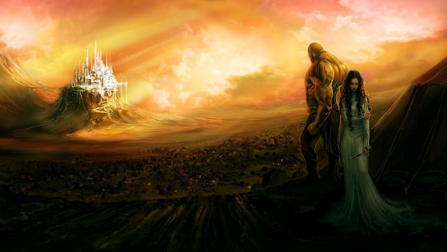 Обои картинки фото фэнтези, люди, девушка, мужик, замок