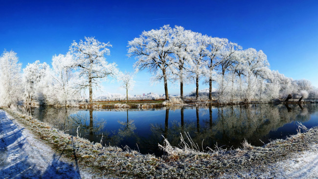 Обои картинки фото природа, реки, озера, деревья, иней, река