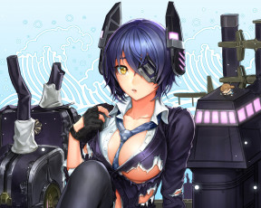 Картинка аниме *unknown+ другое удивление взгляд kantai collection оружие повязка на глаз грудь tenryuu light cruiser девушка ake art