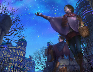 Картинка аниме *unknown+ другое корзинка шарф звезды небо дома ночь парень девушка город reishin арт