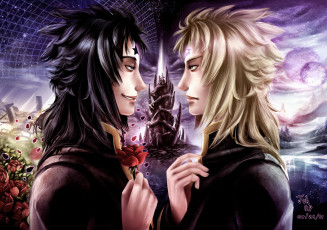 Картинка аниме *unknown+ другое улыбка двое роза цветы блондин брюнет светлый тёмный парни