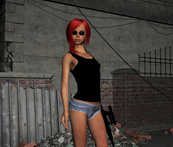 Обои картинки фото 3д графика, people , люди, девушка, взгляд, оружие, рыжая