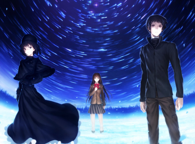 Обои картинки фото аниме, mahou tsukai no yoru, ночь, shizuki, soujuurou, kuonji, alice, aozaki, aoko, парень, девушки, mahou, tsukai, no, yoru, lain, арт, лес, школьница, звезды