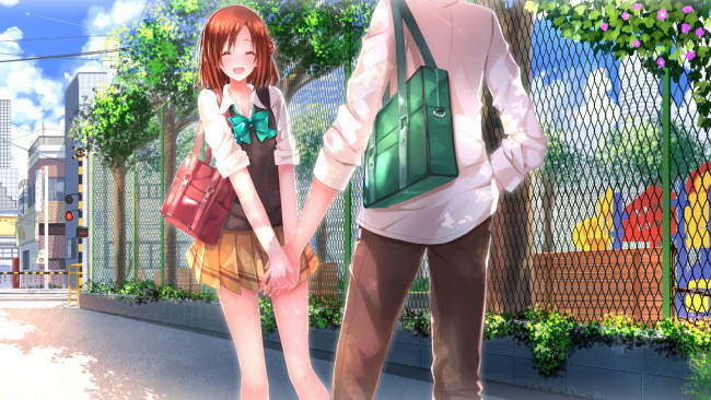 Обои картинки фото isshuukan friends, аниме, *unknown , другое, улица, парень, девушка, hase, yuuki, fujimiya, kaori, swordsouls, школьники, isshuukan, friends, арт