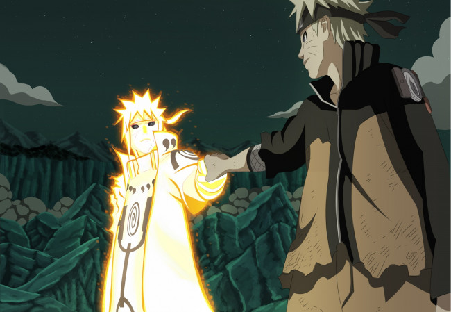 Обои картинки фото аниме, naruto, манга, наруто, уроганные, хроники, минато, намикадзе, ночь, эдо-тенсей, сын, отец