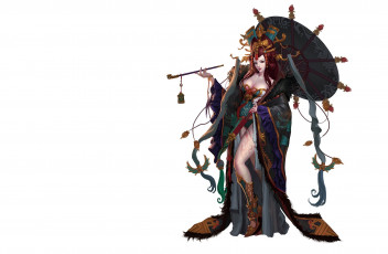 Картинка фэнтези девушки эротика арт девушка гейша макияж взгляд зонтик трубка фон