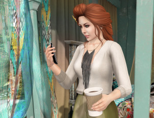 Картинка 3д+графика люди+ people девушка взгляд фон рыжая