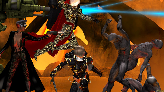 Обои картинки фото 3д графика, фантазия , fantasy, зомби, оружие, фон, взгляд, девушки