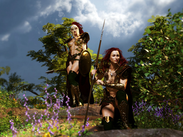 Обои картинки фото 3д графика, амазонки , amazon, девушки, взгляд, фон