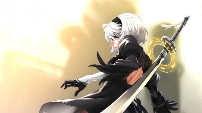 Обои картинки фото видео игры, nier,  automata, фон, взгляд, девушка