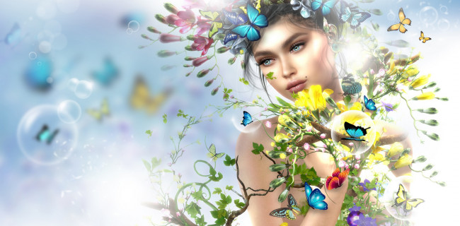 Обои картинки фото 3д графика, люди , people, бабочки, девушка, весна, цветы, арт