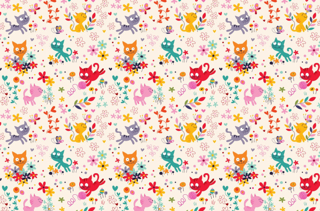 Обои картинки фото векторная графика, животные , animals, клубок, арт, игра, вектор, детская, котёнок, цветочки