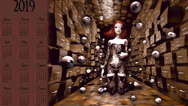 Обои картинки фото календари, 3д-графика, глаз, око, ящик, девушка