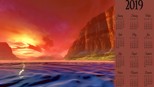 Обои картинки фото календари, 3д-графика, плато, закат, скала, водоем, гора