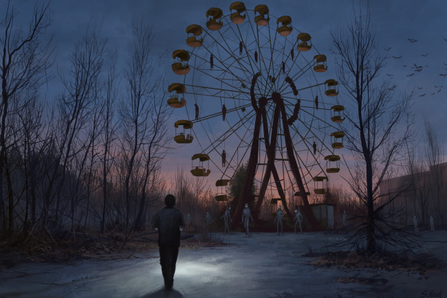 Обои картинки фото фэнтези, существа, парк, человек, колесо, обозрения, трупы