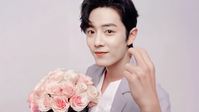 Обои картинки фото мужчины, xiao zhan, актер, лицо, букет