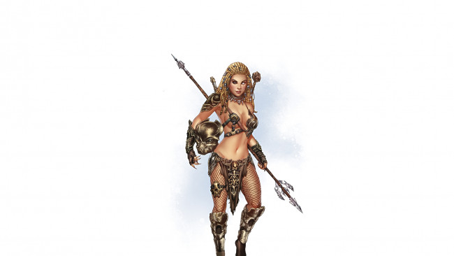 Обои картинки фото рисованное, комиксы, девушка, фон, взгляд, униформа, копьё