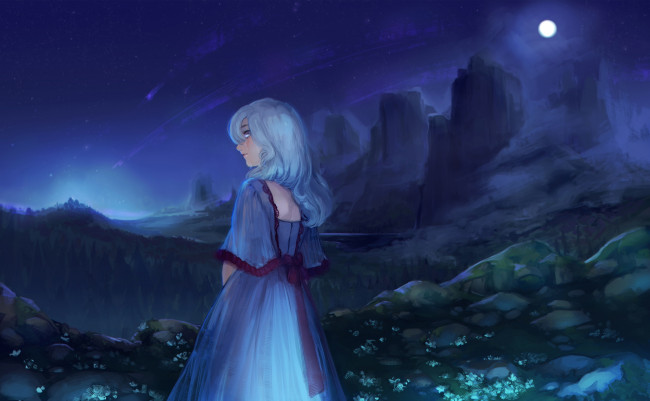 Обои картинки фото фэнтези, девушки, девушка, ночь, скалы, овраг