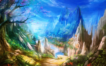 Картинка фэнтези пейзажи скалы река