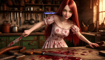 Картинка в+3д 3д+графика фантазия+ fantasy мика по книге дингир девушки арт обои иллюстрации розовое платье нож маньячка