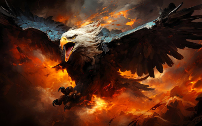 Обои картинки фото рисованное, животные,  птицы,  орлы, орел, птица, хищник, огонь, горы