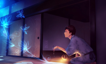 Картинка аниме mushishi mezamero парень рисует бабочки цветы фантазия кисть свеча кимоно комната