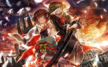 Картинка аниме weapon blood technology город голуби закат блондинка брюнетка девушки меч улыбка