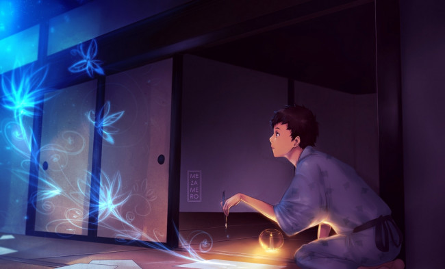 Обои картинки фото аниме, mushishi, mezamero, парень, рисует, бабочки, цветы, фантазия, кисть, свеча, кимоно, комната