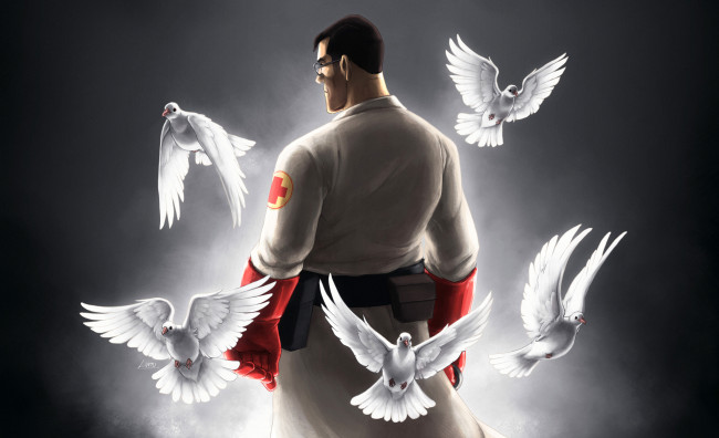 Обои картинки фото рисованные, люди, голуби, очки, врач