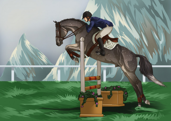 Обои картинки фото рисованные, животные, лошади, лошадь, всадник