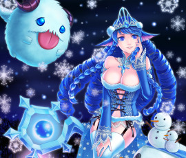 Картинка league+of+legends фэнтези существа ушки грудь улыбка lulu девушка ночь league of legends снег зима art