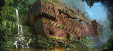 Картинка фэнтези иные+миры +иные+времена лодка водопад река